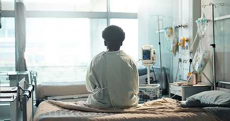 Image showing Patient, hospital and thinking on bed with sad, illness and autoimmune disease diagnosis with worry. Black man, treatment and recovery in medical center, heart monitor and emergency with therapy