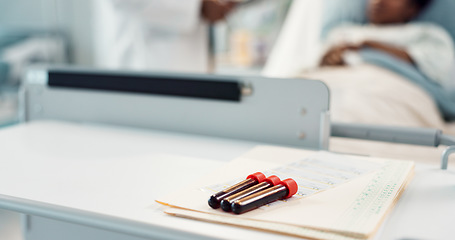 Image showing Blood test, glass vial and documents in hospital for surgery, medical research and health for patient in bed. Doctor, medic and sick person in closeup for dna sample, folder or analysis for leukemia