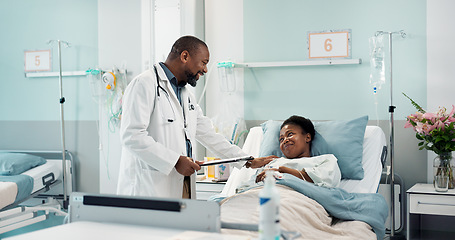 Image showing Check, patient and doctor in hospital, clinic or healthcare with sick black woman healing or talking to expert. Health, insurance or surgeon consulting person in rehabilitation with checklist or care