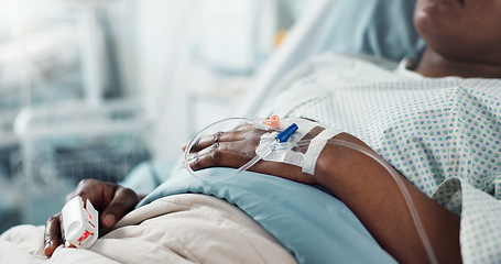 Image showing Patient hand, bed and drip in closeup, hospital or treatment for hydration, liquid or supplement. Person, healthcare and wellness with blood transfusion, anesthesia or pharma drugs for pain in clinic