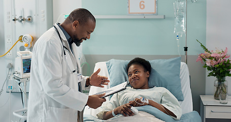 Image showing Check, patient and doctor in hospital, clinic or healthcare with sick black woman healing or talking to expert. Health, insurance or surgeon consulting person in rehabilitation with checklist or care
