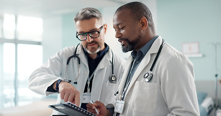 Image showing Doctors, men and tablet for team discussion, planning and advice with innovation, research or problem solving. Diversity, medical partnership and talk with notebook, digital touchscreen and report