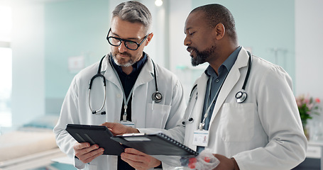 Image showing Doctors, men and tablet for team discussion, planning and advice with innovation, research or problem solving. Diversity, medical partnership and talk with notebook, digital touchscreen and report