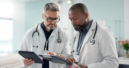 Image showing Doctors, men and tablet for team discussion, planning and advice with innovation, research or problem solving. Diversity, medical partnership and talk with notebook, digital touchscreen and report