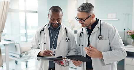 Image showing Doctors, men and tablet for team discussion, planning and advice with innovation, research or problem solving. Diversity, medical partnership and talk with notebook, digital touchscreen and report