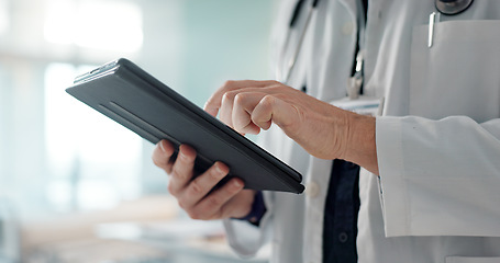 Image showing Closeup, man and doctor with a tablet, healthcare or connection with online results, website info or internet. Person, employee or medical professional with tech, digital app or research with network