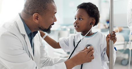 Image showing Doctor, patient and child with stethoscope, hospital and check up for health, breathing and illness. Smile, playing and pediatrician for wellness, medical and asthma for heart, healthcare or medicine