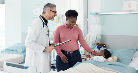 Image showing Pediatrician, advice and mother with kid in hospital bed for check or healthcare consultation in clinic for health assessment. Medicine, kiss and mom love child with care, support and doctor