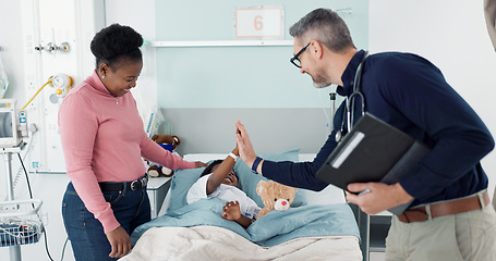 Image showing Doctor, high five and child in hospital, bed or healing in clinic with results or celebration in surgery rehabilitation. Happy, kid and surgeon support patient, mother and success in healthcare