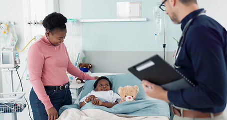 Image showing Doctor, check and mother with child in hospital, bed or clinic with medical results, info or talking of healthcare. Sick, kid and conversation with patient pediatrician and help with checklist