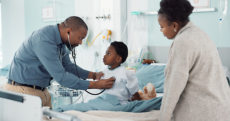 Image showing Pediatrician, African and parent with child in hospital for check or healthcare consultation in clinic for health assessment. Medical, cardiology and mom love kid with support and doctor with advice