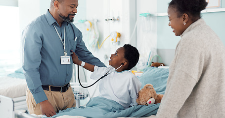 Image showing Doctor, patient and stethoscope for breathing check, child and pretend or imagination in hospital. Happy black kid, play and cardiology and lungs test, healthcare and medicare for recovery and health