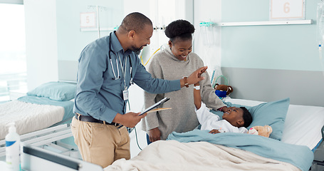 Image showing Doctor, high five and child in hospital, bed or healing in clinic with results or celebration in surgery rehabilitation. Happy, kid and surgeon support patient, mother and success in healthcare