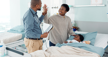 Image showing Doctor, high five and child in hospital, bed or healing in clinic with results or celebration in surgery rehabilitation. Happy, kid and surgeon support patient, mother and success in healthcare