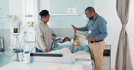 Image showing Doctor, high five and child in hospital, bed or healing in clinic with results or celebration in surgery rehabilitation. Happy, kid and surgeon support patient, mother and success in healthcare