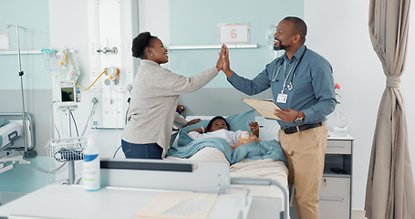 Image showing Pediatrician, high five and parent with child in hospital for healthcare consultation in a clinic for health assessment. Medicine, success and mom love kid with care, support and doctor winning
