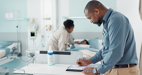 Image showing Doctor, writing and hospital documents for patient, family or child insurance, checklist and healthcare history. Professional african man or pediatrician in medical clinic with paperwork or charts