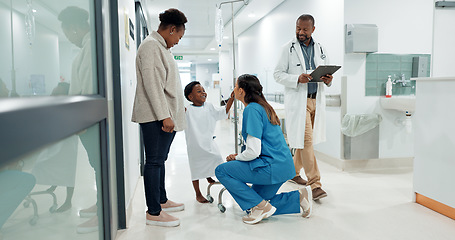 Image showing Black family, medicine and a pediatrician talking to a patient in the hospital for medical child care. Kids, trust or healthcare and a nurse consulting a boy with his mother in the clinic for health