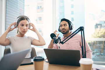 Image showing Man, woman and podcast with live streaming, conversation and technology with happiness, news or media broadcasting. People, presenters or coworkers with microphone, radio or discussion with talk show