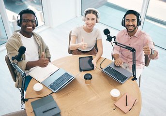 Image showing Thumbs up, people in radio and hosting talk show, broadcast and content creation with people in portrait. Headphones, laptop and mic, podcast success and influencer with top, hand gesture and media