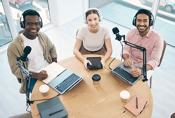 Image showing Communication group, podcast portrait and happy people, speaker or presenter for talk show. Radio voice production, top view and creative team collaboration, teamwork or research on target audience