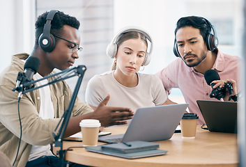 Image showing Men, woman and laptop with microphone, podcast or idea for chat, creativity or opinion on live stream. Group, microphone and headphones for web talk show, broadcast or think for collaboration at desk