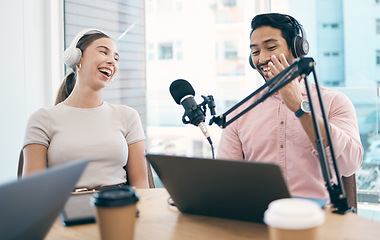 Image showing Man, woman and radio with interview, conversation and live streaming with happiness, news or media broadcasting. People, presenters or coworkers with microphone, technology or discussion with podcast