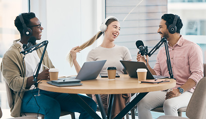 Image showing Communication, podcast speaker or laughing people, group or presenter of talk show, comedy broadcast or funny live stream. Radio network production, voice content creator or humour team collaboration