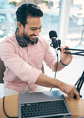 Image showing Communication microphone, podcast speaker and happy man, content creator or presenter of talk show, broadcast or live stream. Radio network production, voice report and creative host fix mic stand