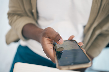 Image showing Person, hand and phone for social media, communication or online networking at office. Closeup of employee on mobile smartphone for chatting, texting or research on app, web or search at workplace