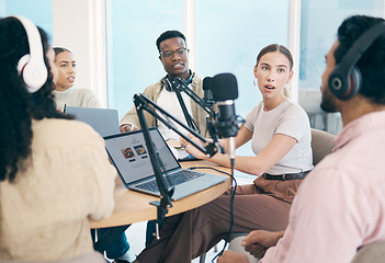 Image showing Conversation, podcast speaker and group of people, team or presenter communication, streaming and hosting talk show. Radio multimedia production, diversity and influencer listening on media network