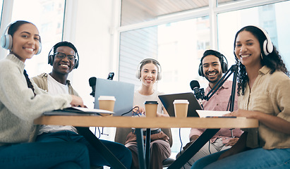 Image showing Men, woman and group with microphone, podcast or portrait for chat, creativity or opinion on live stream. Team, laptop and headphones for web talk show, broadcast or smile for collaboration at desk