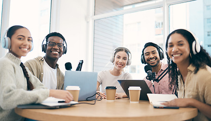 Image showing Men, woman and team with microphone, podcast or portrait for chat, creativity or opinion on live stream. Group, laptop and headphones for web talk show, broadcast or smile for collaboration at desk
