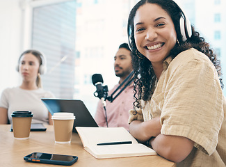 Image showing Communication group, podcast portrait and happy woman, speaker or audio presenter pride in talk show interview. Radio air, news content creator and confident influencer hosting live stream broadcast