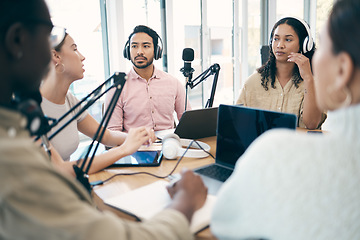 Image showing Discussion, podcast speaker and group of people, team or circle of presenter consulting, speaking and chat on talk show. Radio, audio and influencer listening, attention or interview on media network
