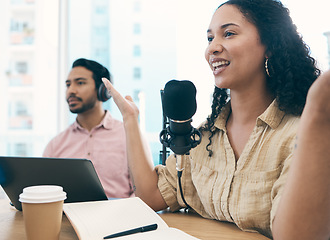 Image showing Man, woman and radio with interview, live streaming and talk show with happiness, public relations and media broadcasting. Happy people, presenter and coworkers with microphone, discussion or podcast