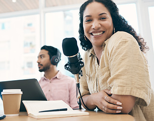 Image showing Woman, microphone and radio with smile in portrait, media or press with journalist or DJ, notebook and content creation. Podcast, influencer and live stream with audio, talk show and communication