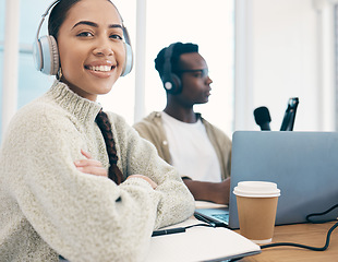 Image showing Radio, podcast and portrait of woman in office for interview with people, headphones and microphone. Recording, audio broadcast and speaker hosting a group, discussion show and influencer business