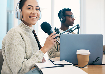 Image showing Woman, microphone and headphone for radio in portrait, media or press with journalist or DJ, notebook and content creation. Podcast, influencer and live stream with audio, talk show and communication