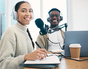 Image showing Radio, portrait and people in office writing notes for advice, questions or feedback while live streaming. Speech, presenter and face of team with broadcast announcement, news or hosting talk show