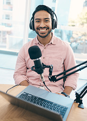 Image showing Radio, podcast and portrait of happy asian man in studio live streaming talk show, blog or news announcement with laptop. Recording, face or Japanese guy dj hosting broadcast, speech or entertainment