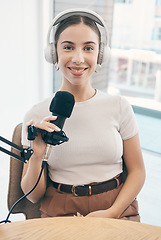 Image showing Portrait, podcast and woman with a microphone, live streaming and smile with news broadcasting. Face, happy person and radio presenter with tech, headphones and public relations with content creator