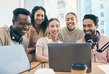 Image showing Men, woman and happy with laptop, podcast and reading for chat, creativity or opinion on live stream. Group, microphone and headphones for web talk show, broadcast or smile for collaboration at desk