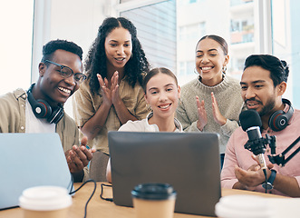 Image showing Radio group, applause and team with celebration, laptop and live streaming with prize, award and cooperation. People, presenter and staff with achievement, clapping and success with a pc and podcast