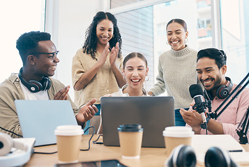 Image showing Celebration, radio group and people with applause, laptop and prize with internet, giveaway and excited. Happy staff, men and women with a podcast, connection and achievement with happiness and prize