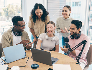 Image showing Talk show, applause and team with celebration, laptop and happiness with prize, award and cooperation. People, presenter and group with achievement, clapping and live streaming with a pc and podcast