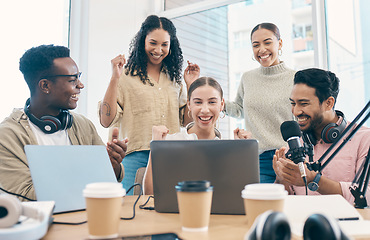 Image showing Celebration, radio group and staff with applause, laptop and prize with internet, giveaway and collaboration. Happy people, men and women with a podcast, connection and achievement with cooperation