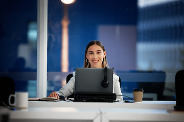 Image showing Business woman, computer and call center portrait for night planning, e commerce and online reviews or research. Face of young agent or consultant working on laptop for telemarketing or sales report