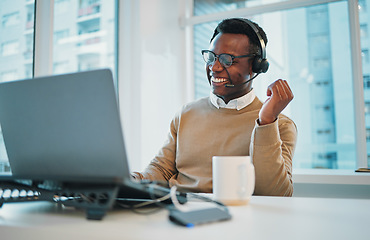 Image showing Business man, happy call center and laptop for communication, technical support and online advice. Professional African agent, consultant or advisor on computer, information technology and funny chat