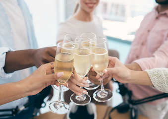Image showing Hands, Champagne and toast with celebration and professional people in office with alcohol and success. Winning, team and employees cheers with alcoholic drink, closeup with partnership and pride